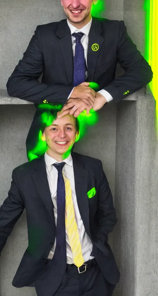 Prompt: Matthew Hoffman in a suit is smiling at the camera, yellow and green light