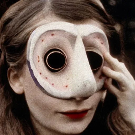 Prompt: woman with a nostril face, long snout, wearing eyeballs on her head, outdoors 1974 arthouse film, archival footage, technicolor film