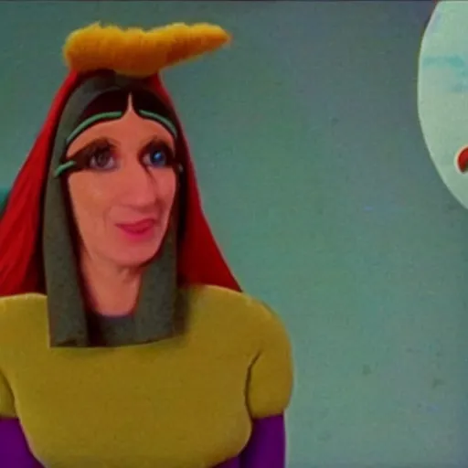 Image similar to still from a children's television show about woman wearing a long nose 1974 technicolor