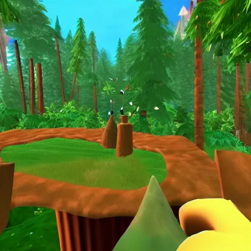 Prompt: banjo - kazooie running on a dreamy landscape resembling a forest of treetops, a jiggy at the end of the map