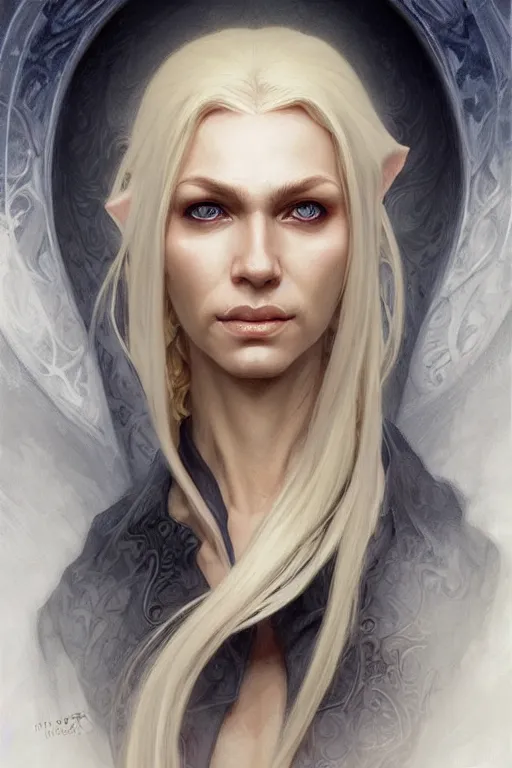 Image similar to portrait of an old blonde elven mage, dark, piercing eyes, gentle expression, elegant clothing, photorealistic, highly detailed, artstation, smooth, sharp focus, art by michael whelan, artgerm, greg rutkowski and alphonse mucha