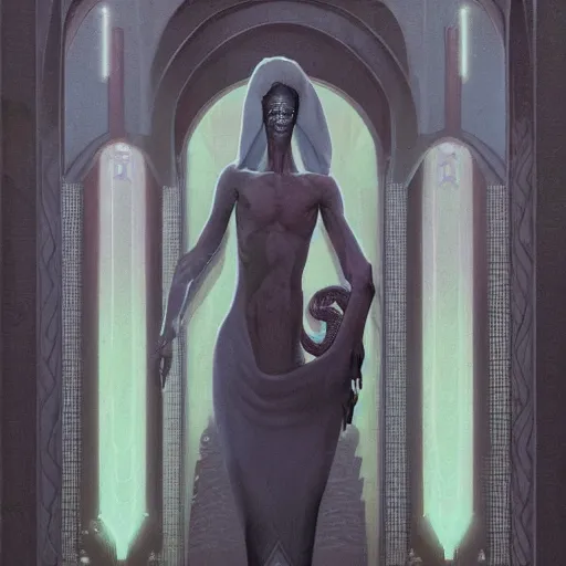 Image similar to portrait of tall, long-necked lipless mutant with scaled face and serpent eyes wearing gauze toga and standing in cyberpunk art deco mosque, alien bestiary by Barlowe, Greg Rutkowski, and Yoshitaka Amano