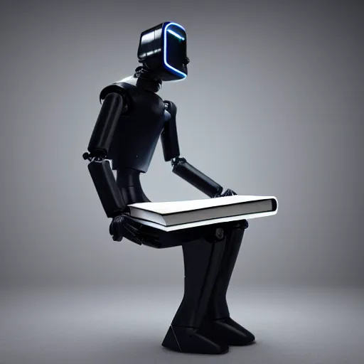 Image similar to a lonely sleek futuristic humanoid robot with big sad OLED eyes and rectangular mouth sits reading a hardbound leather book on a comfortable electronic chair. Cinematic Lighting, Cinematic Movie Photograph, Arri Alexa, Extremely Detailed, smooth, very very clean, simple, 8K, octane render, maya render, unreal engine, trending on artstation, DSLR