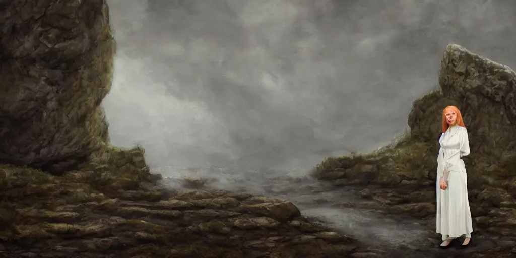 Image similar to a strawberry blonde 1 7 year old girl in a floor length black skirt and a white blouse stands amidst a rocky landscape eerily lit by blue light with no apparent source shrouded in mist, oil painting, realistic, eerie, somber, detailed
