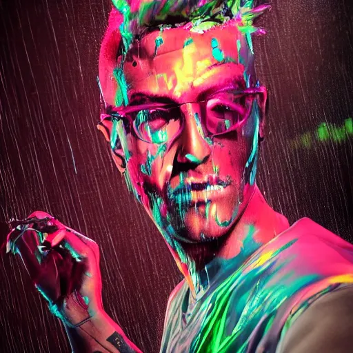 Image similar to splashes of neon clouds, mowhawk, suspenders, punk portrait made out of paint with rain in the background, trending on artstation, epic composition, emotional, beautiful, rendered in octane, highly detailed, realistic, comic book art, sharp focus, matte painting, unreal engine