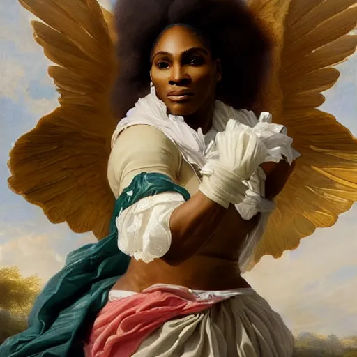 Image similar to Portrait of Serena Williams as Nike Goddess, large wings, luxuriant, dreamy, eternity, romantic, strong pose, highly detailed, in the style of Franz Xaver Winterhalter, highly detailed, in the style of Aetherpunk