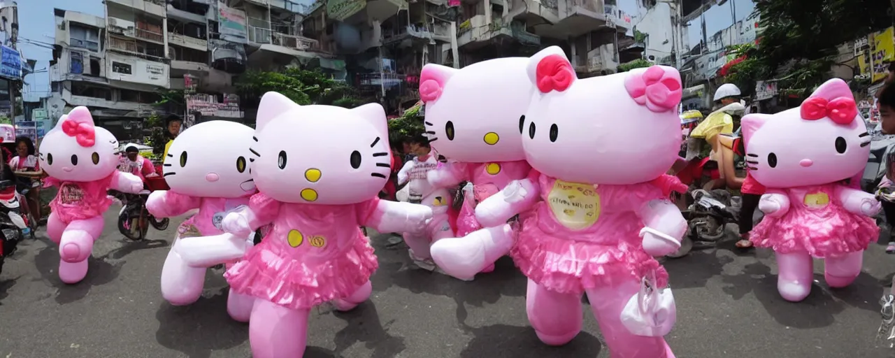 Prompt: giant hello kitty battle mechas attacking the Surabaya city, TV news, amateur photography