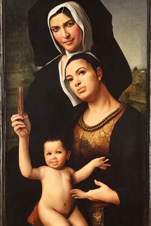 Image similar to kim kardashian as the madonna with child, painting by old dutch masters