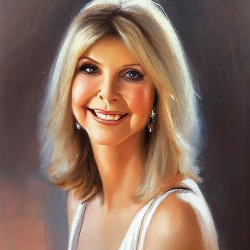 Image similar to closeup portrait of olivia newton john at age 3 0 years, evening, highly detailed and realistic oil painting, vladimir volegov, artstation