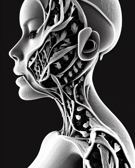 Prompt: a contrasted black and white 3D render of a beautiful female vegetal-dragon-cyborg, 150 mm, orchid stems, ivy, Mandelbrot fractal, anatomical, flesh, facial muscles, microchip, veins, arteries, full frame, microscopic, elegant, highly detailed, flesh ornate, elegant, high fashion, rim light, octane render, 8K in the style of Man Ray