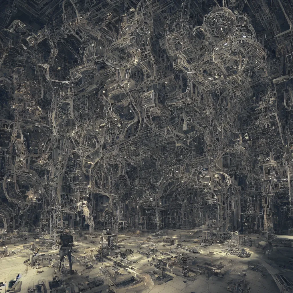 Image similar to “a cyborg human connected to a memory vault living in a simulation that is manifesting a high detailed structural temple made out of atoms, highly detailed in 4K, hyper realistic”