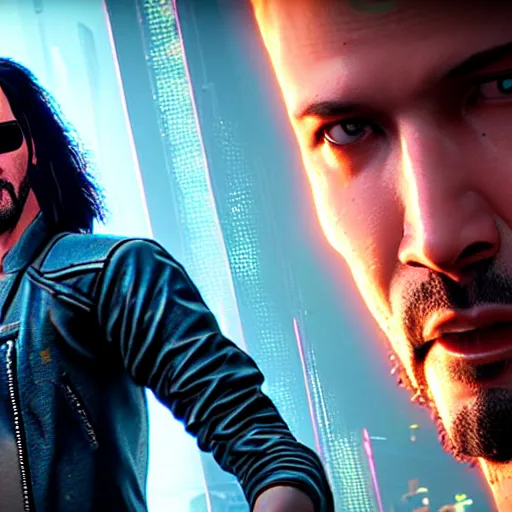 Image similar to photo of a Keanu Reaves in the Cyberpunk 2077 game