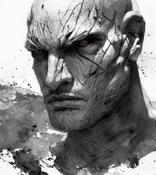 Image similar to portrait of menacing bald man with burn scars in scale armor, pen and ink, intricate line drawings, by craig mullins, ruan jia, kentaro miura, greg rutkowski, loundraw