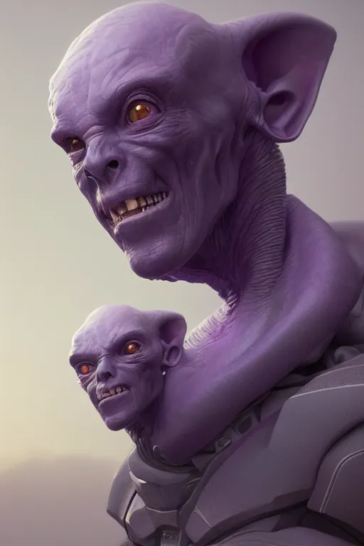 Prompt: portraint of a purple alien, greg rutkowski, 3 d render, 8 k, intricate, hyper realistic, mysterious, interstellar