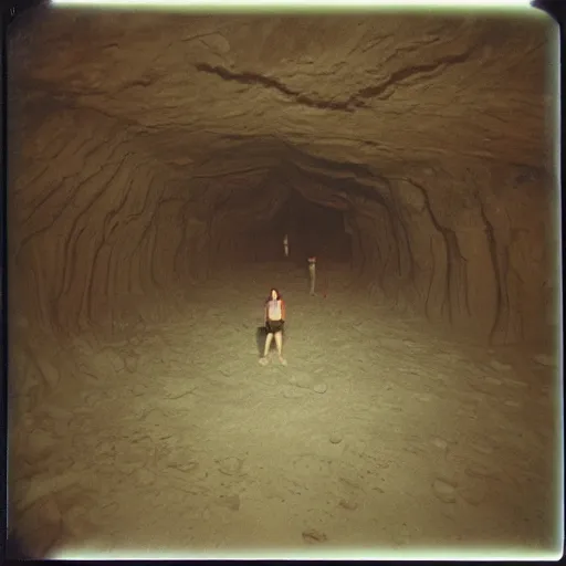 Prompt: inside a massive cave with a dark hall, megalophobia, old polaroid, expired film,