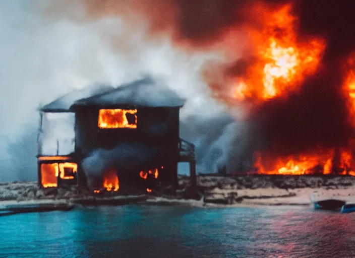 Image similar to dslr photo still of a house on fire under the water under water at the bottom of the ocean, 8 5 mm f 1. 8