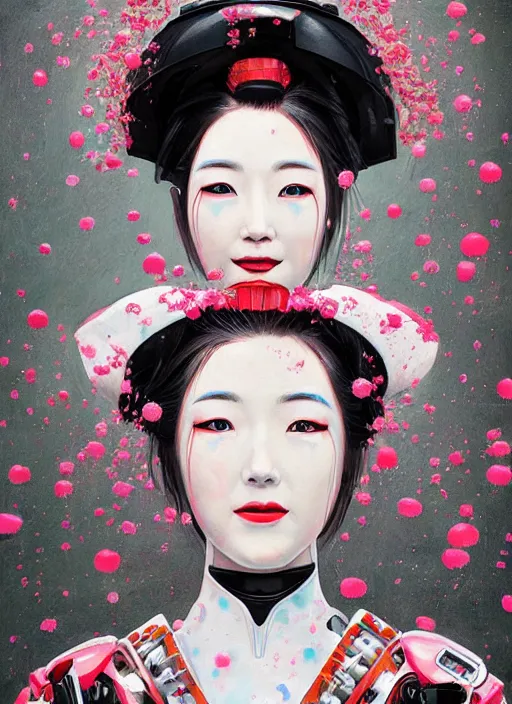 Prompt: an epic fantastic realism comic book style portrait painting of a japanese robotic geisha, cherry blossom rain everywhere, apex legends,