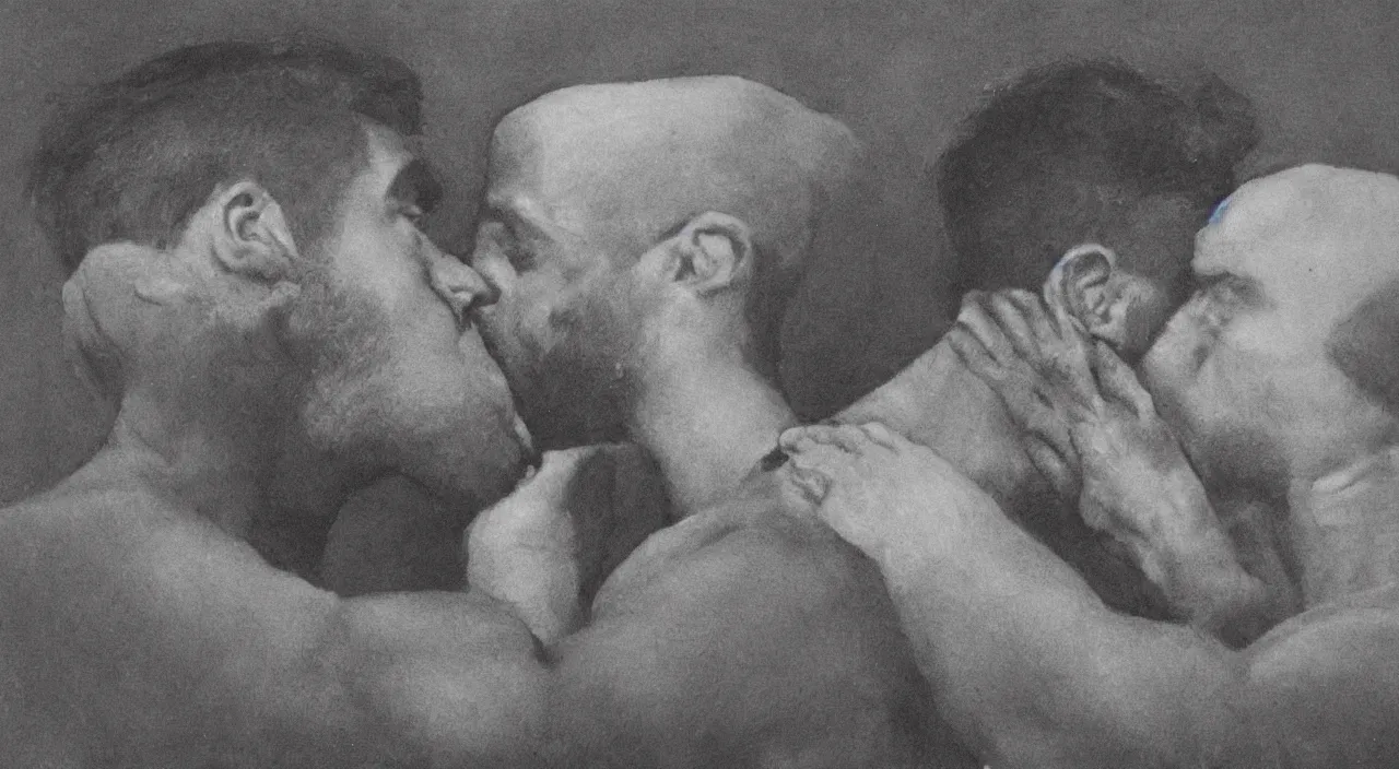 Prompt: a portrait of two strong man kissing each other