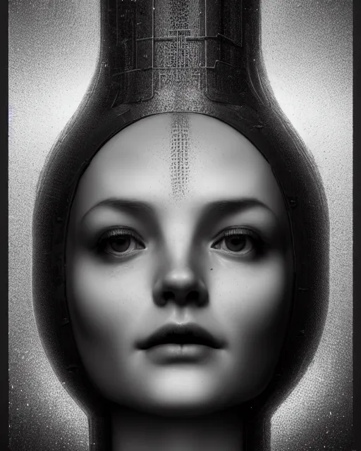 Prompt: dreamy, monochrome, subsurface scattering, white, cyborg goddess in cosmos, black and white, octane render, dino valls, virgil finlay, mark ryden, highly detailed, rim light, art, cinematic lighting, very coherent, hyper realism, 8 k