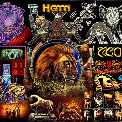 Image similar to old school video game graphics, ancient cyberpunk hieroglyphics heavy metal music and cats, lions, tigers, futuristic, science fiction, heavy metal