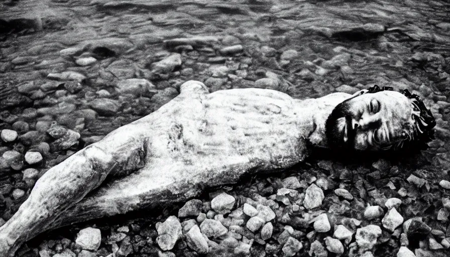 Image similar to 1 9 6 0 s movie still close up of marcus aurelius frozen to death in a river with gravel, pine forests, cinestill 8 0 0 t 3 5 mm b & w, high quality, heavy grain, high detail, texture, dramatic light, anamorphic, hyperrealistic, foggy
