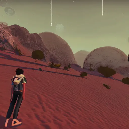 Image similar to nada and polo exploring alien world in no man's sky