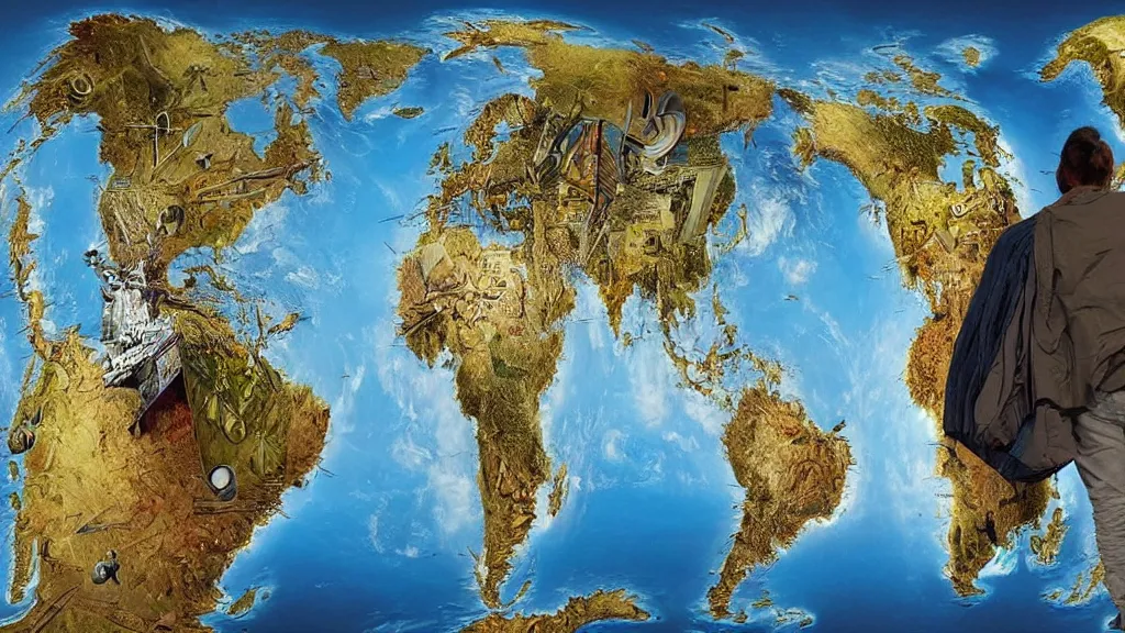 Prompt: surreal world map in the styles of igor morski, jim warren, and rob gonsalves, intricate, robinson projection, accurate geography, volumetric lighting, serene, imaginative