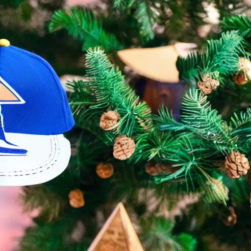 Image similar to the Sphinx in Egypt wearing a blue and white Dipper Pines hat with a blue pine tree logo