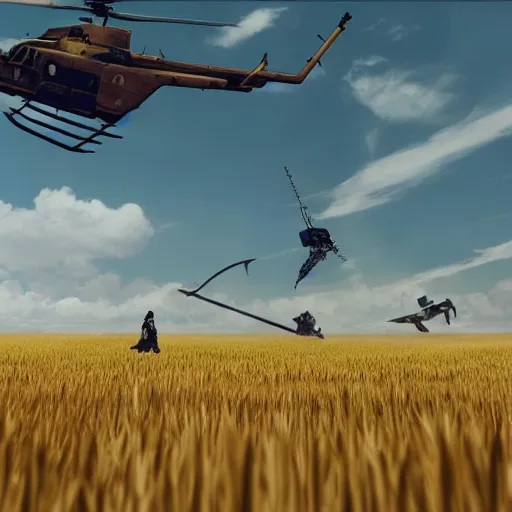 Image similar to a high resolution very detailed image of 9 s downing a helicopter in boss fight from nier : automata in yellow rye field under pure blue skies