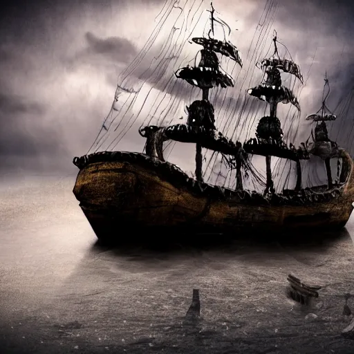 Prompt: haunted ghost ship, pirate, bone, cinematic