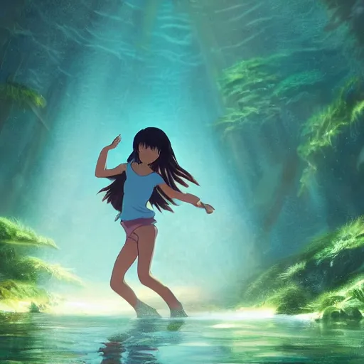 Prompt: young girl dancing underwater in redwood forest with dinosaurs, light rays through water, sharp focus, studio ghibli, Hayao Miyazaki, oil painting, artbook, Makoto Shinkai, Highly Detailed, Cinematic Lighting, 8k, HD