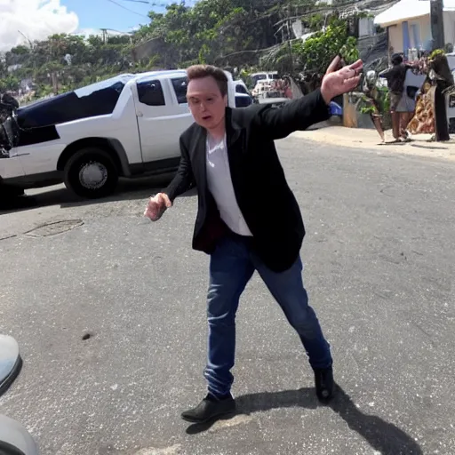 Image similar to elon musk drunk in the streets of port - au - prince