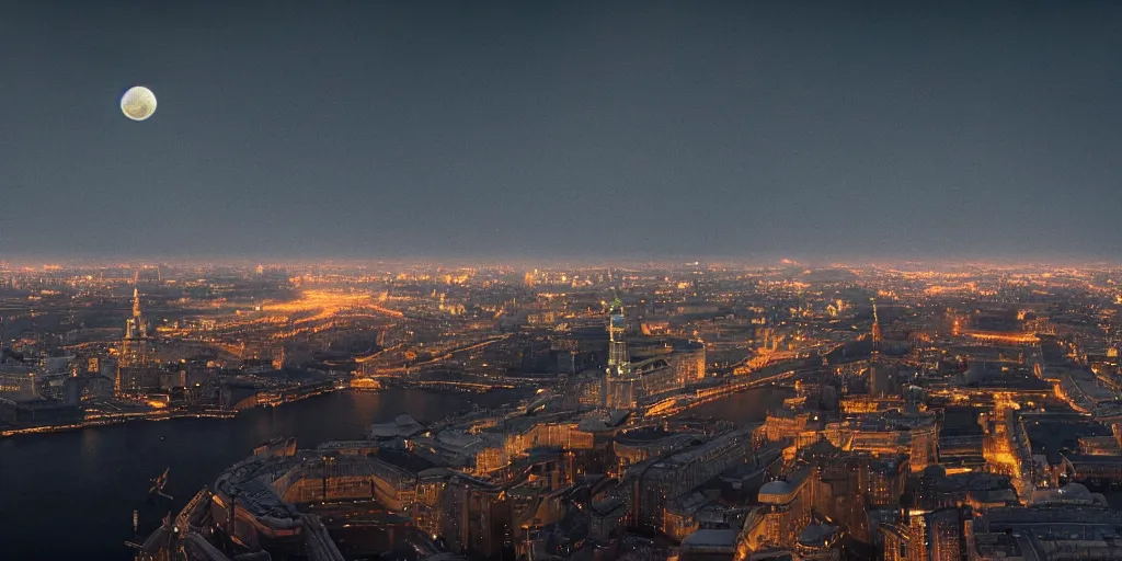 Prompt: cinematic shot of a cityscape futuristic antigravity saint petersburg city in the moon, russian orbit city, telephoto, golden mood, iconic scene from the paranoid thriller sci fi film directed by stanley kubrick, anamorphic cinematography, beautiful composition, color theory, leading lines, photorealistic, moody volumetric lighting