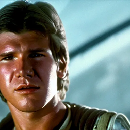 Image similar to film still of teenage harrison ford in new star wars movie, dramatic lighting, highly detailed face, kodak film, wide angle shot,