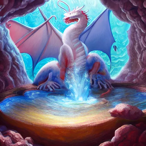 Image similar to detailed painting of a white dragon sitting in the middle of a colorful geothermal hotspring in a cavern, featured on artstation