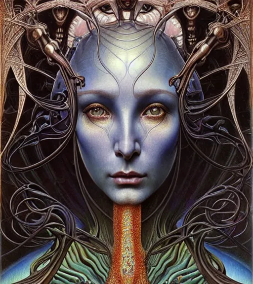 Image similar to detailed realistic beautiful young cher alien robot as queen of mars portrait by jean delville, gustave dore and marco mazzoni, art nouveau, symbolist, visionary, fractal baroque. horizontal symmetry by zdzisław beksinski, iris van herpen, raymond swanland and alphonse mucha. highly detailed, hyper - real, beautiful