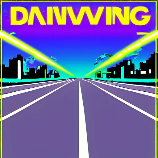Prompt: car driving down a road towards a city. Neon punk. Vaporwave. 80s.