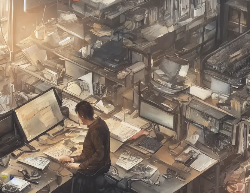 Image similar to a man works at a workstation in a very big office with burning fires, close up, featured in artstation, intricate, ultra detailed, digital painting, concept art, wide - angle lens, sharp focus, illustration, 8 k