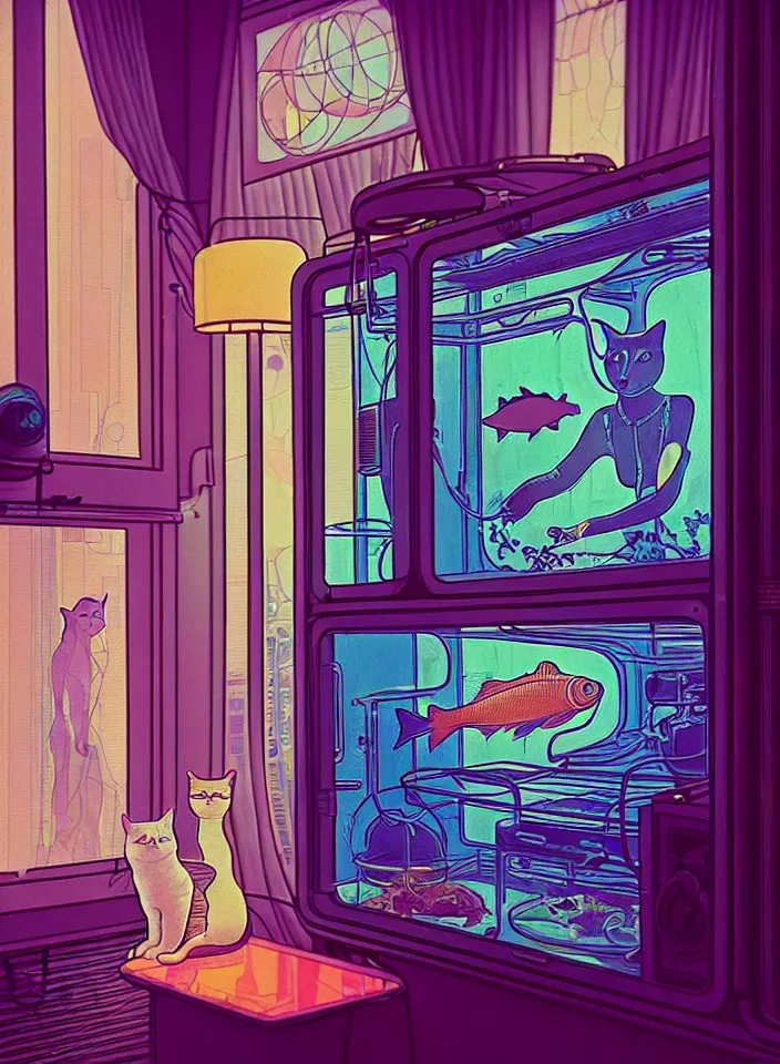 Image similar to telephoto 7 0 mm f / 2. 8 iso 2 0 0 photograph depicting the feeling of chrysalism in a cosy safe cluttered french sci - fi ( ( art nouveau ) ) cyberpunk apartment in a pastel dreamstate art cinema style. ( cat ) ( ( fish tank ) ), ambient light.