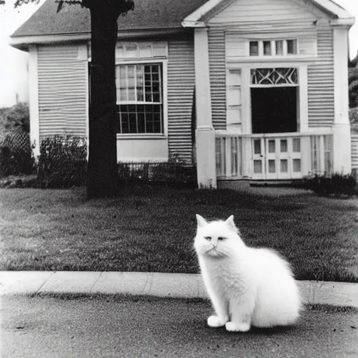 Image similar to a fluffy cat sitting on the corner of a front yard on a residential street in the 1930s