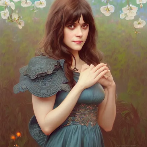 Image similar to ultra realistic illustration, zooey deschanel, intricate, elegant, highly detailed, digital painting, artstation, concept art, smooth, sharp focus, illustration, art by artgerm and greg rutkowski and alphonse mucha and wlop