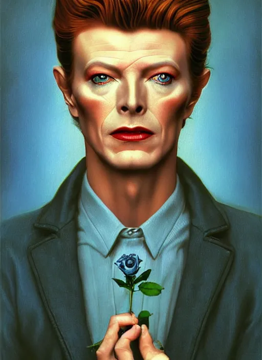 Image similar to twin peaks poster art, portrait of david bowie large blue rose looms over him, by michael whelan, rossetti bouguereau, artgerm, retro, nostalgic, old fashioned