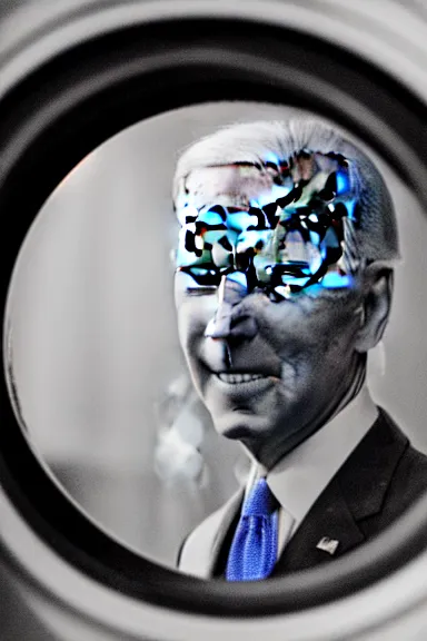 Image similar to a photo looking through the peephole of a door and seeing Joe Biden very close up