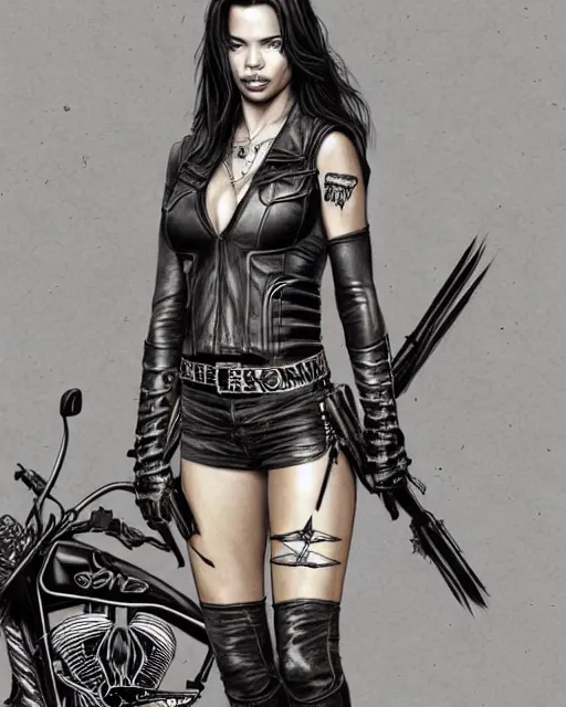 Image similar to Adriana Lima in sons of anarchy tv show, wearing leather , D&D style , highly detailed, digital art, trending on artstation, smooth, sharp focus, illustration, art by artgem and ROBERT HYNES