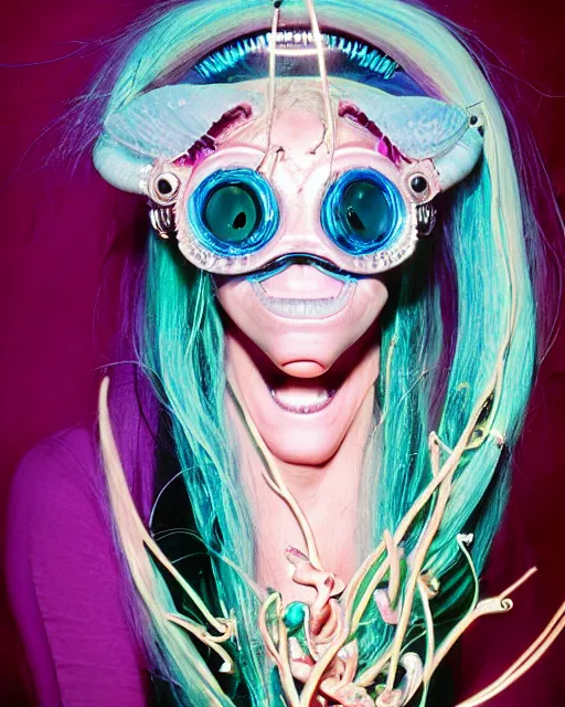 Image similar to natural light, soft focus portrait of a cyberpunk anthropomorphic angler fish with soft synthetic pink skin, blue bioluminescent plastics, smooth shiny metal, elaborate ornate head piece, piercings, skin textures, by annie leibovitz, paul lehr