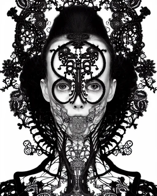 Image similar to surreal black and white photo portrait of complex bio-mechanical beautiful young female vegetal-cyborg with a Mandelbrot fractal steampunk metal fine lace face, a very long neck and a fine metal floral foliage super big lace collar by Alexander McQueen:: smoke, high fashion, haute couture, rococo, steampunk, silver filigree details, anatomical, facial muscles, cable wires, microchip, elegant, dreamy, foggy atmosphere, hyper realistic, 150 mm lens, soft rim light, octane render, unreal engine, picture was taken in 1910 by Man Ray, volumetric lighting, dramatic light,8k,
