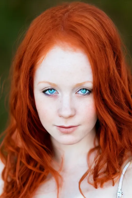 Image similar to a portrait of a redhead beautiful girl, green eyes, highly detailed, 3 5 mm f 1. 4 background silver fir