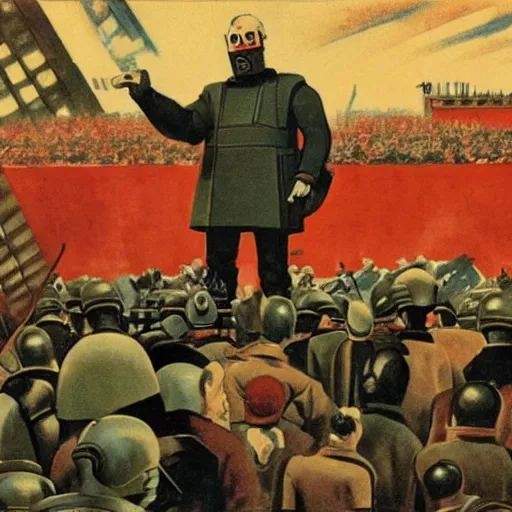 Prompt: !!!!robot revolutionary!!!! speaking to a crowd of robots amid the backdrop of a cyberpunk city in the socialist realist style of lenin speaking to the red army by isaac brodsky