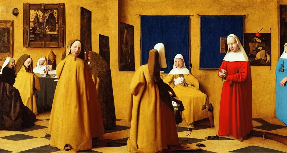 Prompt: a painting of nuns at a strip club, medieval painting by Jan van Eyck, Johannes Vermeer