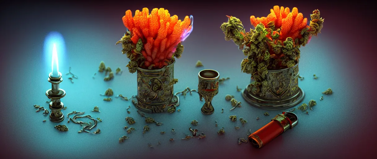 Image similar to hyperrealist highly detailed english medieval portrait of bong ashtray bic lighter small pack of weed marijuana baggy. burning water, radiating atomic neon corals, veiny network growth with ghostly ghost translucent ghost armor, concept art pascal blanche dramatic studio lighting 8k wide angle shallow depth of field, depth of field, bokeh. iridescent accents, octane render, houdini render, bokeh
